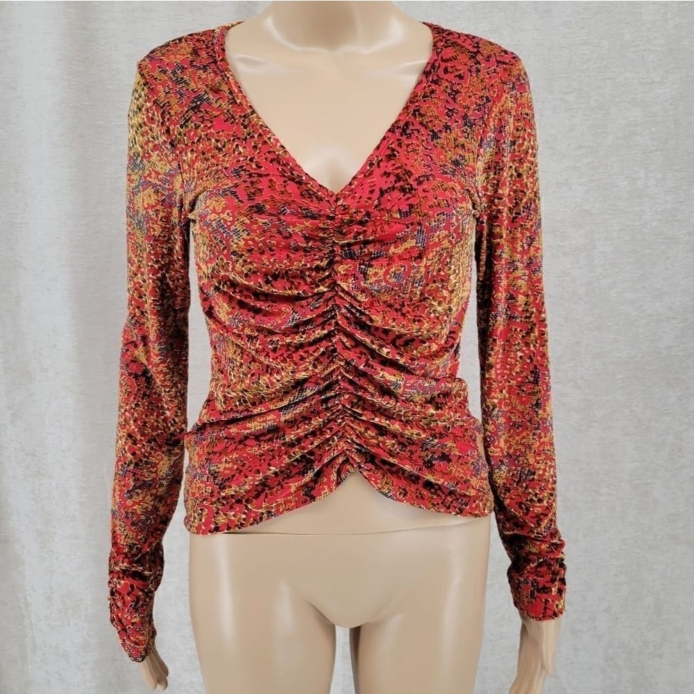 KAY Celine Y2K Velvet Burnout Ruched Center V-Neck Gold And Red